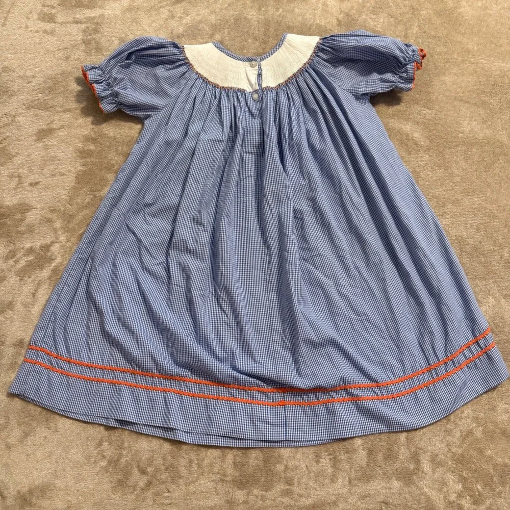 Southern Smocked Company Girls Blue Gingham Pumpkin Smocked Dress Size 5 Fall